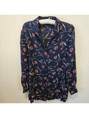 Women's Andrea Viccaro Navy Red Floral Silk Button Down Shirt Size 6, Small Flaw